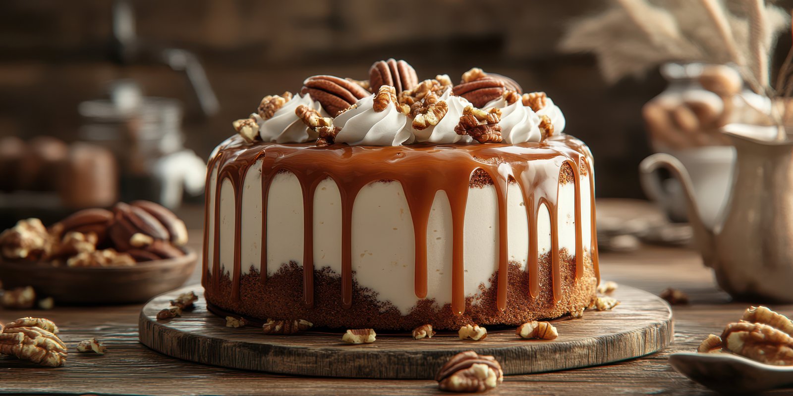 Delicious caramel pecan cake on a rustic wooden table in a cozy kitchen setting